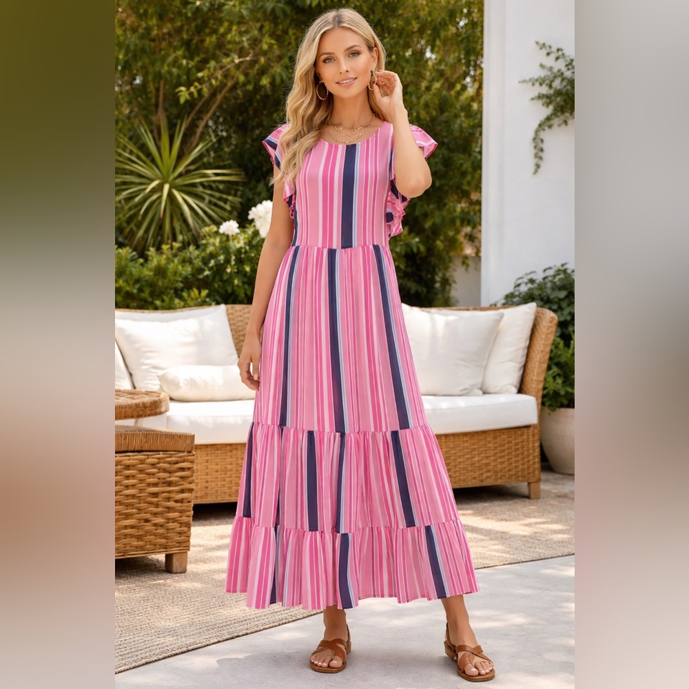 Vero Moda Pink Striped Tiered Maxi Dress‎ Ruffle Sleeve Boho Summer Large